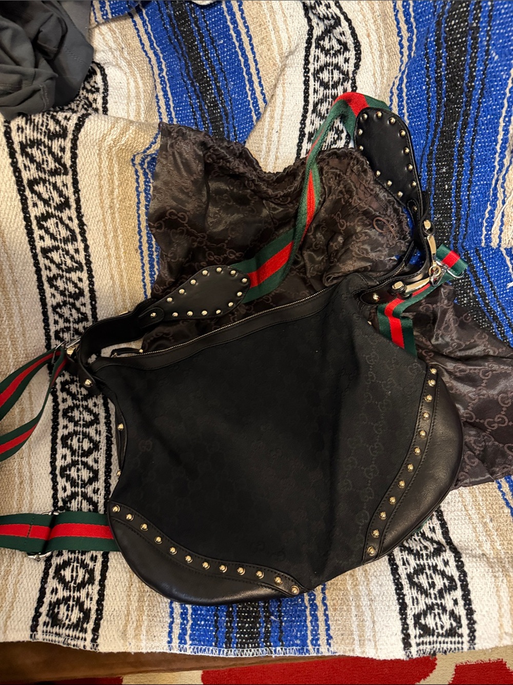 Gucci Black Shoulder Bag with Green-Red Web Strap and Gold Studs